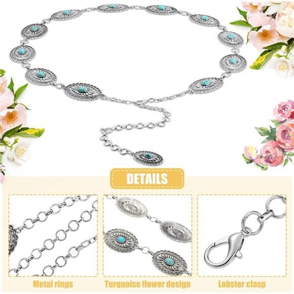 Tarpop Western Concho Chain Belt Silver Oval Chain Belt Metal Belt with Buckle main image 4